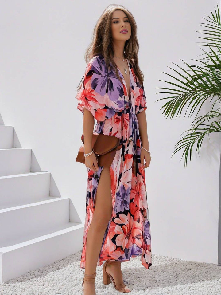 Levoire | Robe Bohémienne Longue À Motif Floral Décolleté En V Fente Manches Jusqu'Au Coude Femme Boho Décontractée Large Robe De Plage Hawaïenne