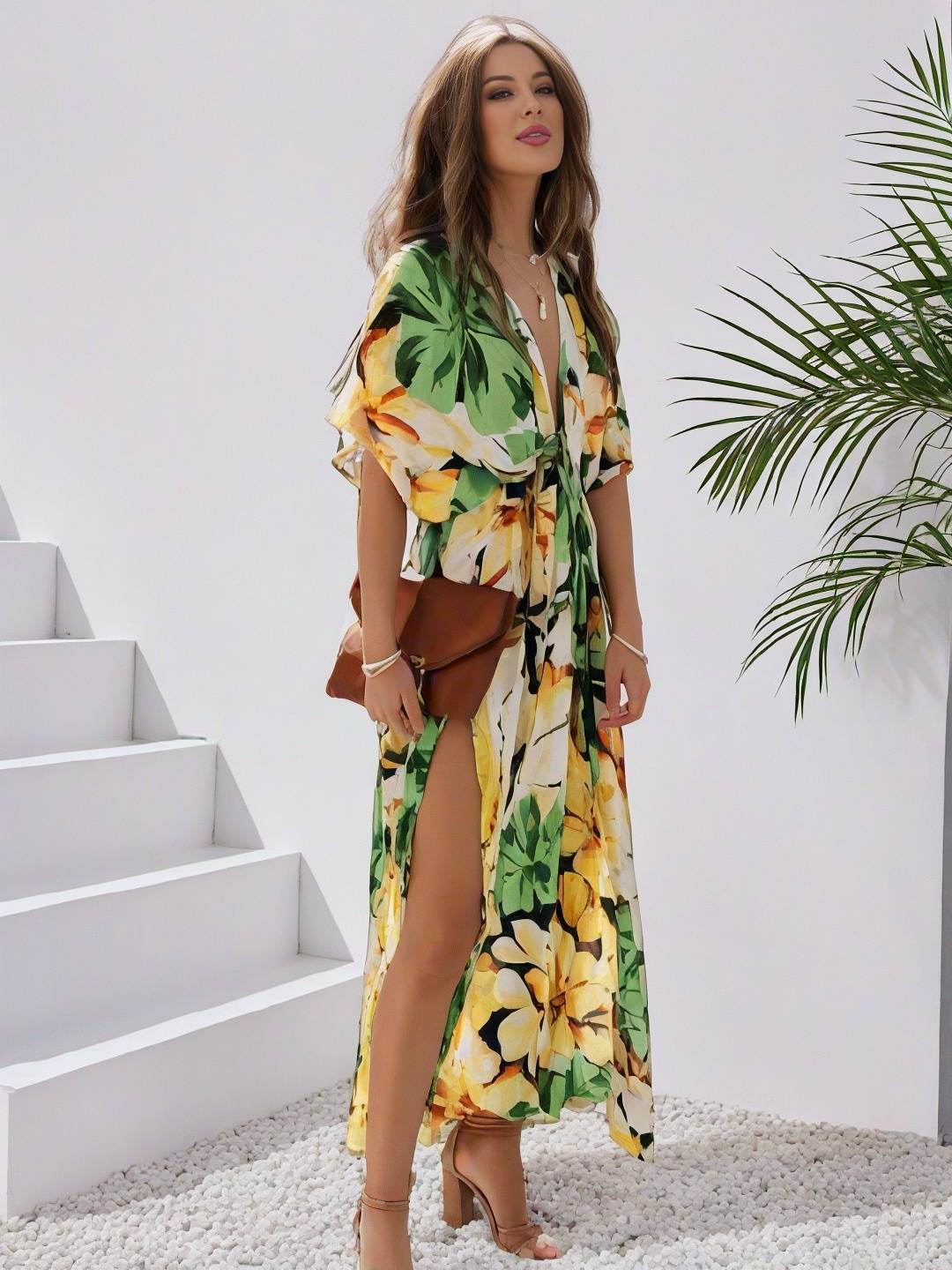 Levoire | Robe Bohémienne Longue À Motif Floral Décolleté En V Fente Manches Jusqu'Au Coude Femme Boho Décontractée Large Robe De Plage Hawaïenne