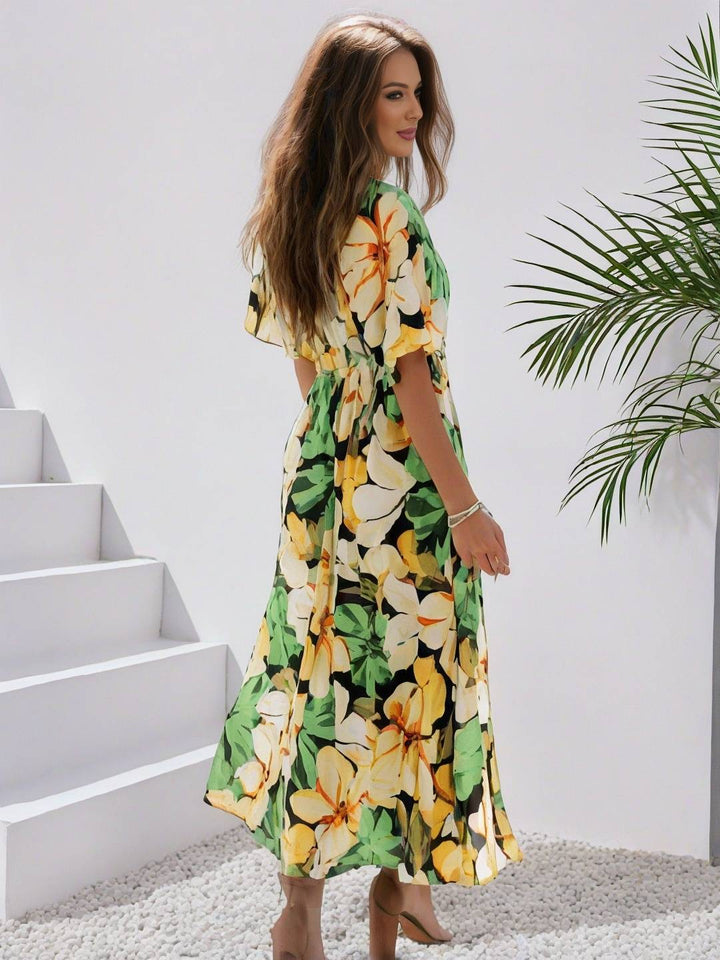 Levoire | Robe Bohémienne Longue À Motif Floral Décolleté En V Fente Manches Jusqu'Au Coude Femme Boho Décontractée Large Robe De Plage Hawaïenne
