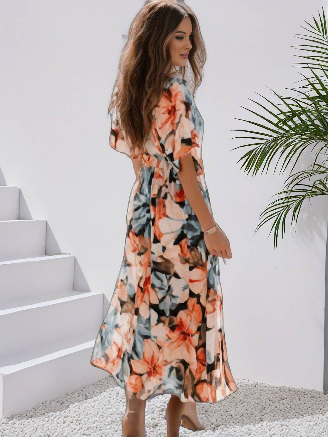 Levoire | Robe Bohémienne Longue À Motif Floral Décolleté En V Fente Manches Jusqu'Au Coude Femme Boho Décontractée Large Robe De Plage Hawaïenne