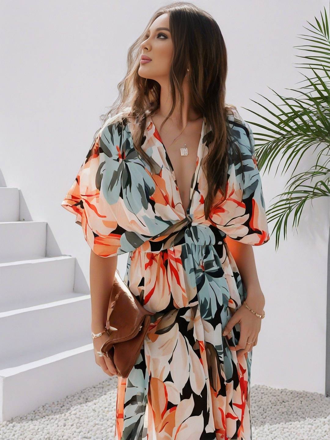 Levoire | Robe Bohémienne Longue À Motif Floral Décolleté En V Fente Manches Jusqu'Au Coude Femme Boho Décontractée Large Robe De Plage Hawaïenne