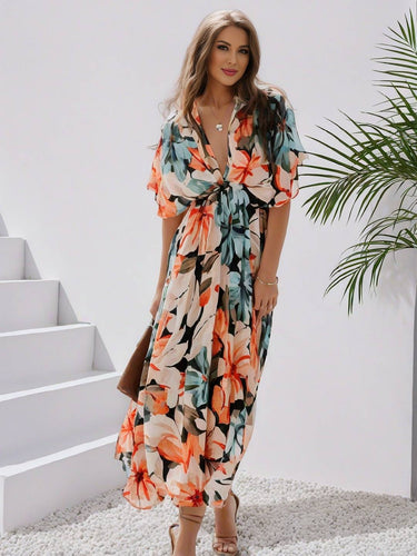 Levoire | Robe Bohémienne Longue À Motif Floral Décolleté En V Fente Manches Jusqu'Au Coude Femme Boho Décontractée Large Robe De Plage Hawaïenne