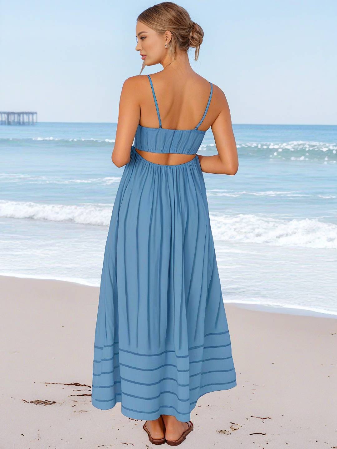 Levoire | Robe Longue Rayée Avec Fines Bretelles Fluide Dos Nu Sans Manches Décontractée Douce Ample Détendue Robe De Plage Pour Femmes