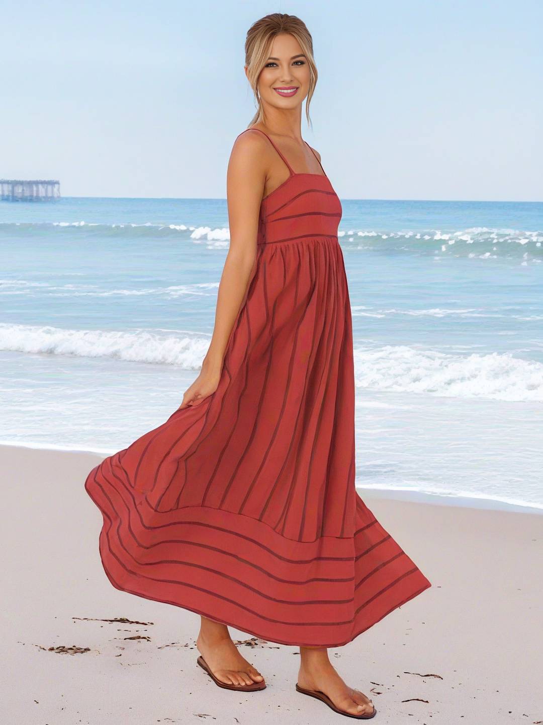 Levoire | Robe Longue Rayée Avec Fines Bretelles Fluide Dos Nu Sans Manches Décontractée Douce Ample Détendue Robe De Plage Pour Femmes