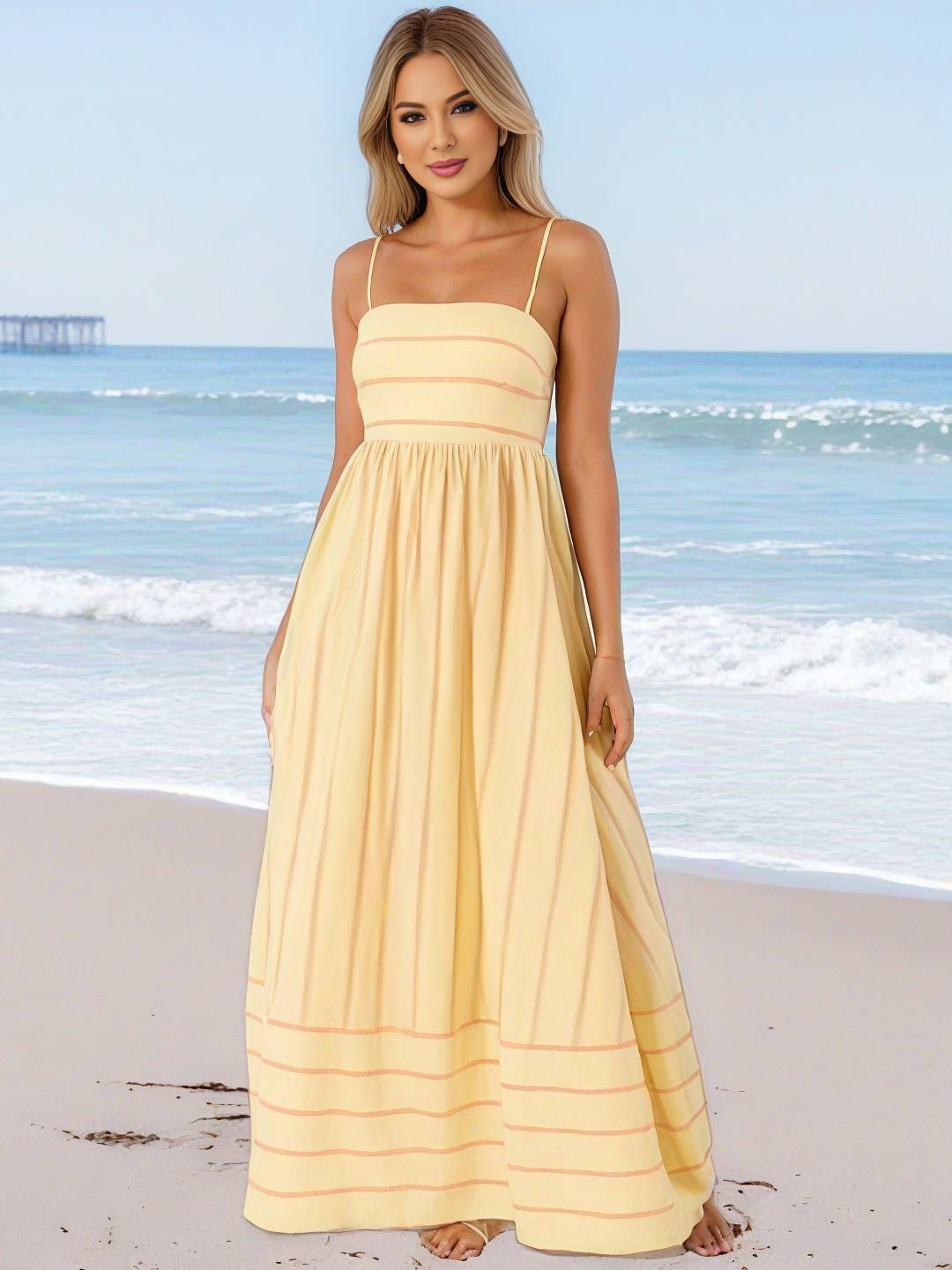 Levoire | Robe Longue Rayée Avec Fines Bretelles Fluide Dos Nu Sans Manches Décontractée Douce Ample Détendue Robe De Plage Pour Femmes Jaune