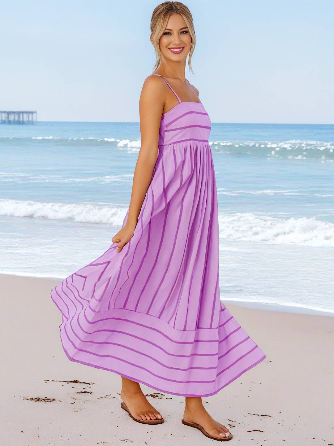 Levoire | Robe Longue Rayée Avec Fines Bretelles Fluide Dos Nu Sans Manches Décontractée Douce Ample Détendue Robe De Plage Pour Femmes