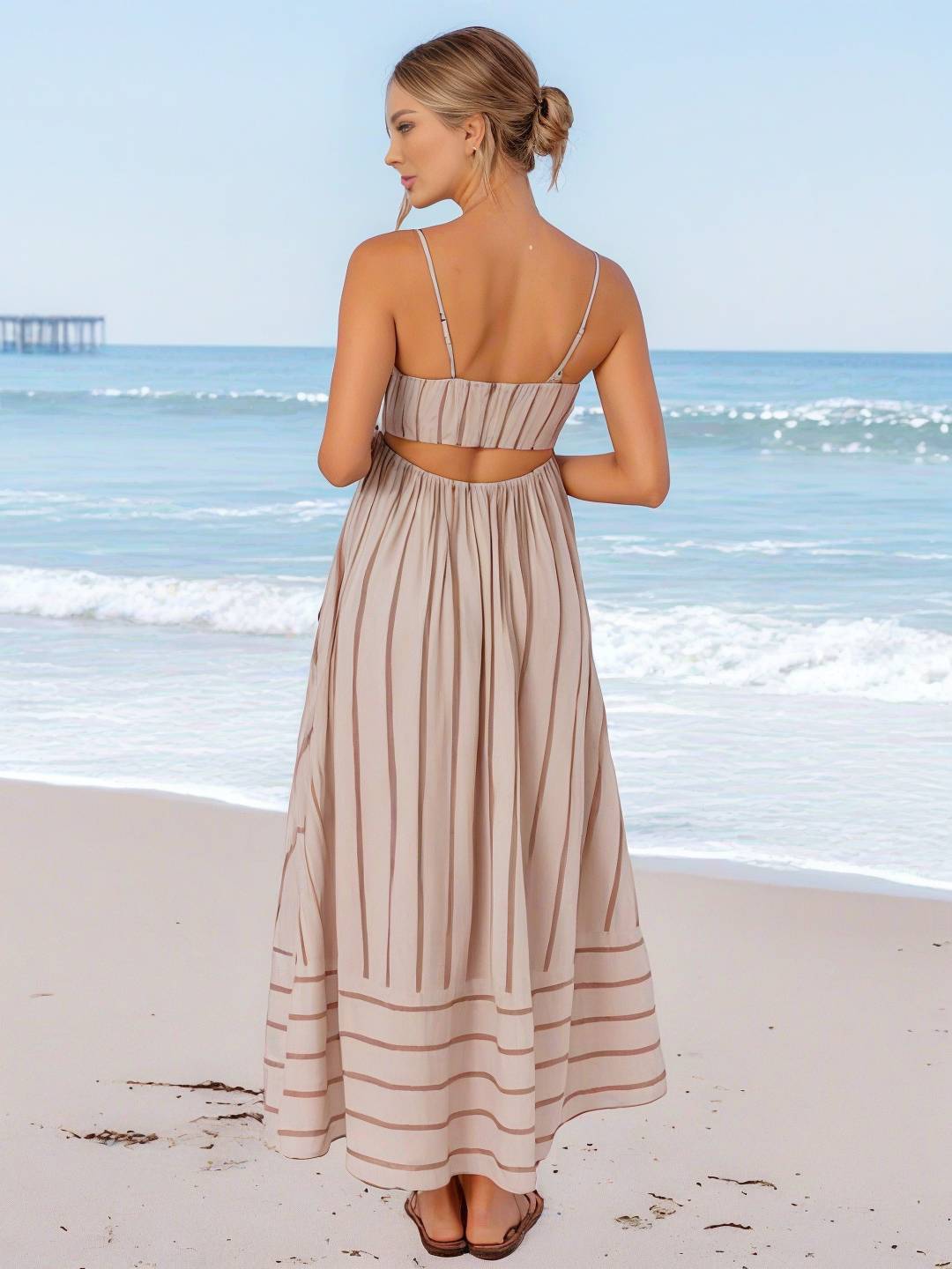 Levoire | Robe Longue Rayée Avec Fines Bretelles Fluide Dos Nu Sans Manches Décontractée Douce Ample Détendue Robe De Plage Pour Femmes