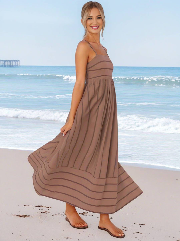 Levoire | Robe Longue Rayée Avec Fines Bretelles Fluide Dos Nu Sans Manches Décontractée Douce Ample Détendue Robe De Plage Pour Femmes