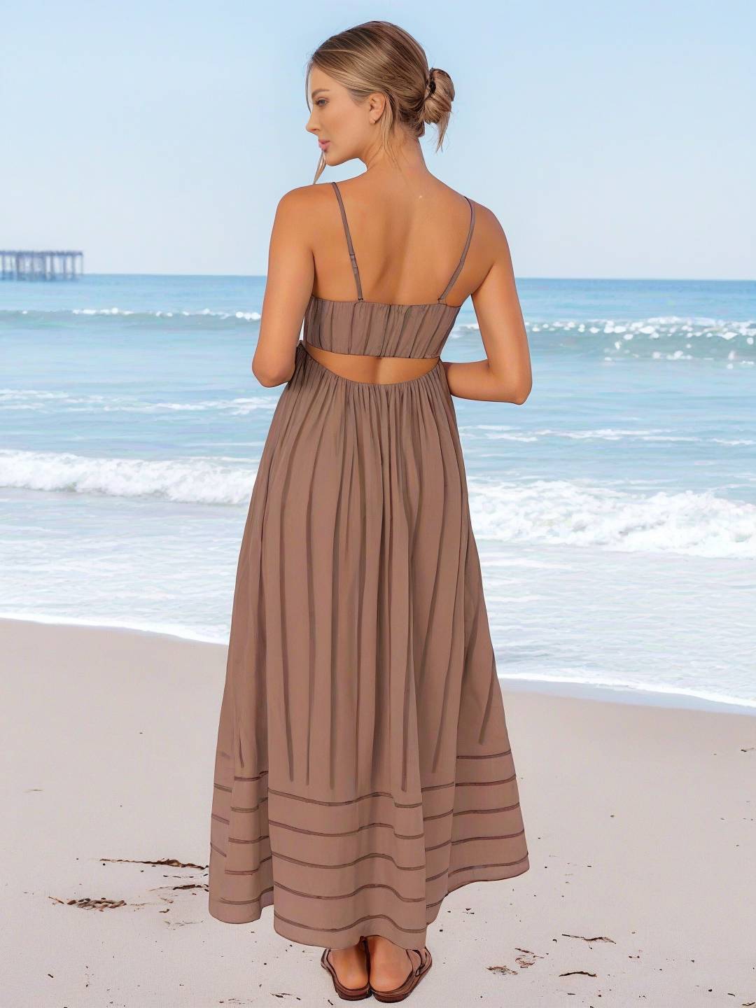 Levoire | Robe Longue Rayée Avec Fines Bretelles Fluide Dos Nu Sans Manches Décontractée Douce Ample Détendue Robe De Plage Pour Femmes