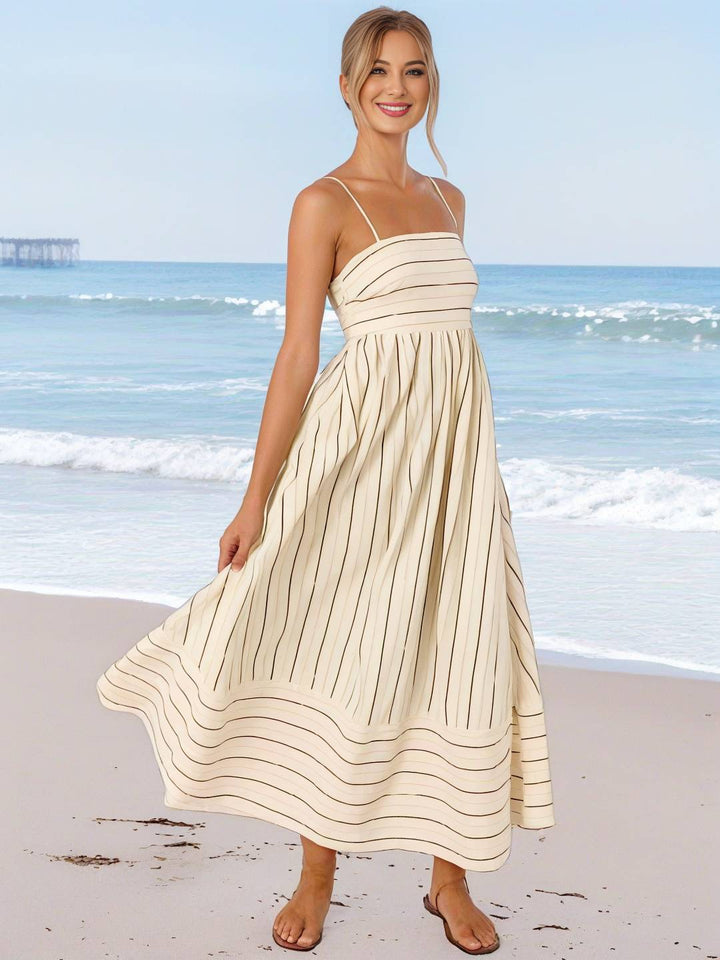 Levoire | Robe Longue Rayée Avec Fines Bretelles Fluide Dos Nu Sans Manches Décontractée Douce Ample Détendue Robe De Plage Pour Femmes Abricot