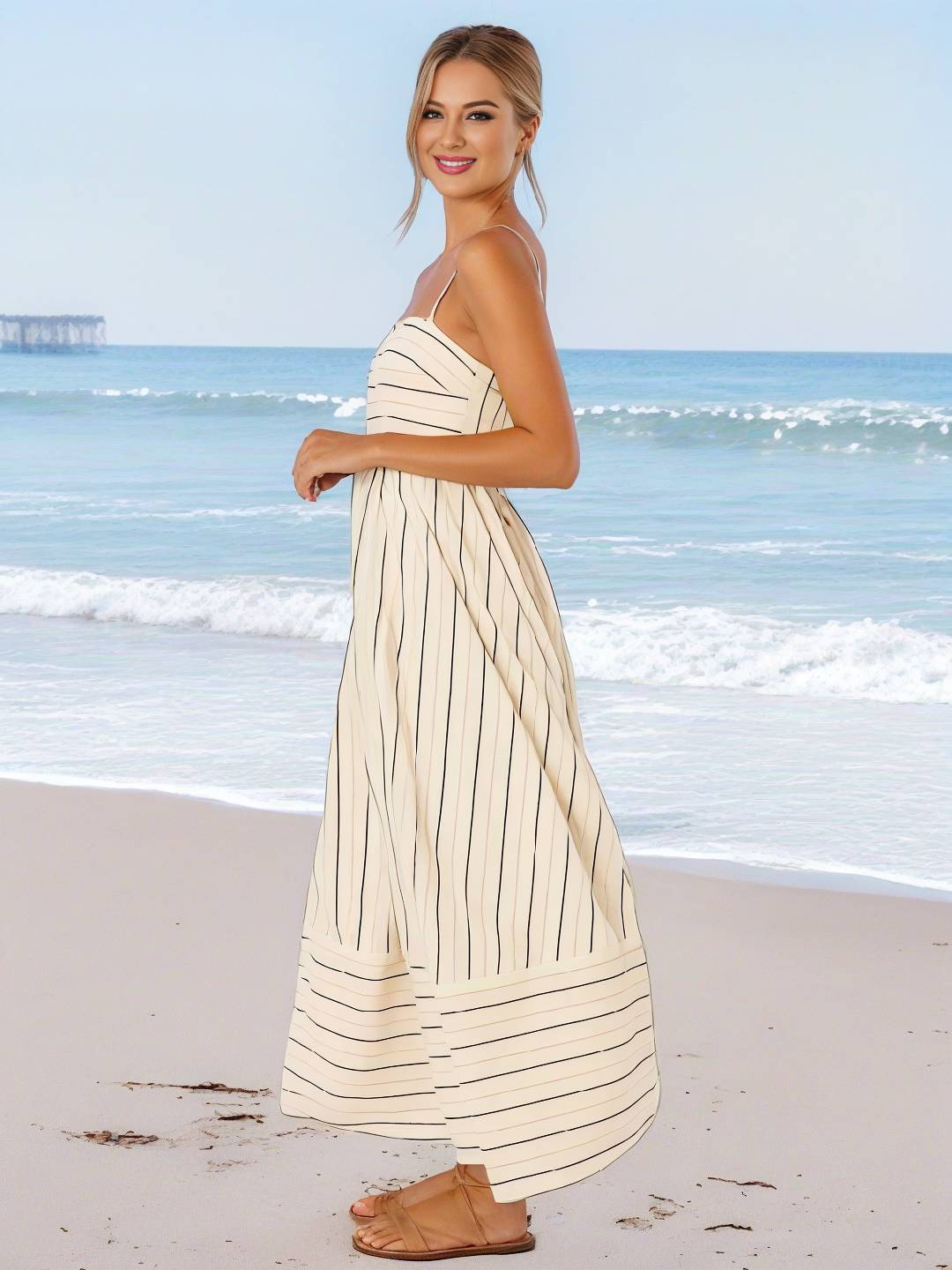 Levoire | Robe Longue Rayée Avec Fines Bretelles Fluide Dos Nu Sans Manches Décontractée Douce Ample Détendue Robe De Plage Pour Femmes