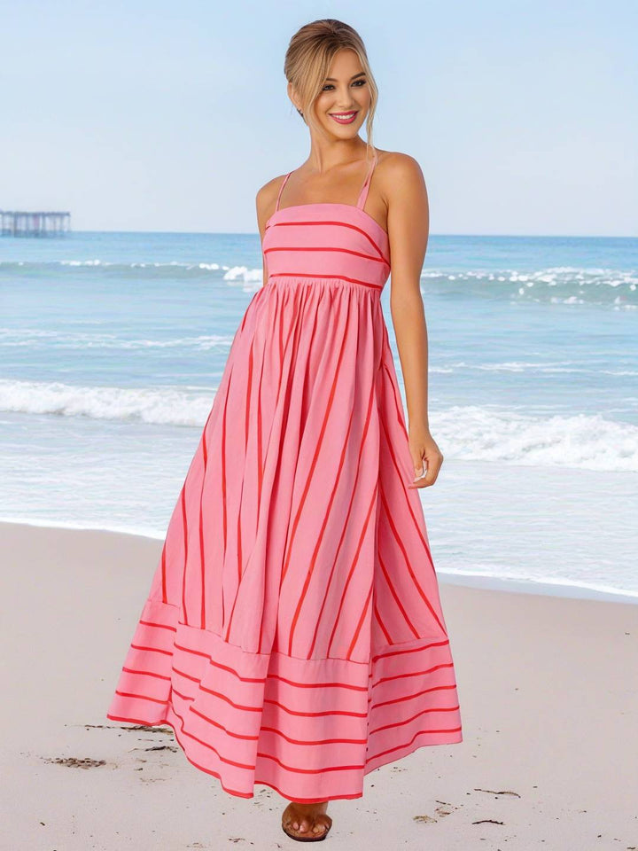 Levoire | Robe Longue Rayée Avec Fines Bretelles Fluide Dos Nu Sans Manches Décontractée Douce Ample Détendue Robe De Plage Pour Femmes Rosa