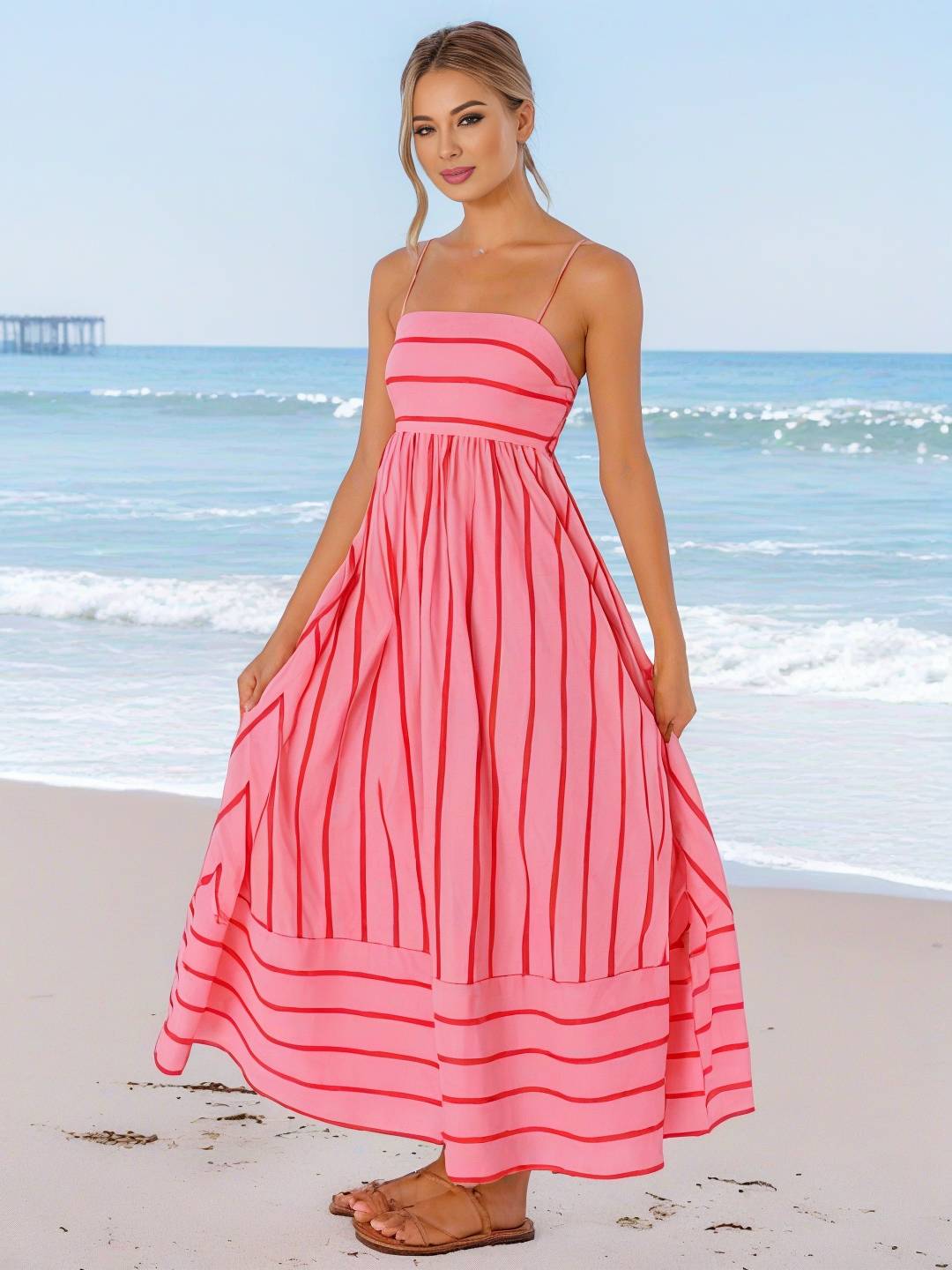 Levoire | Robe Longue Rayée Avec Fines Bretelles Fluide Dos Nu Sans Manches Décontractée Douce Ample Détendue Robe De Plage Pour Femmes