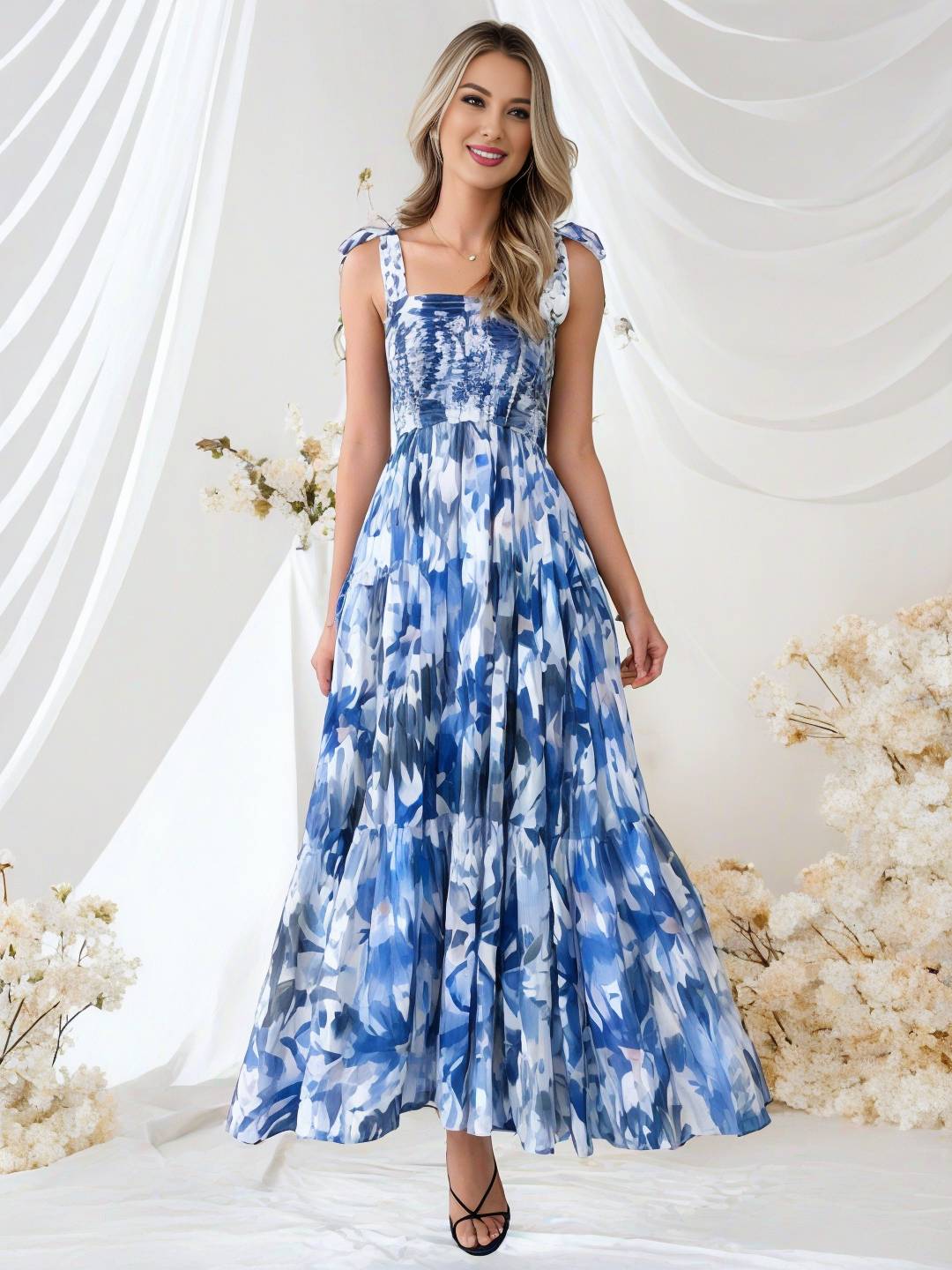 Levoire | Robe Bohémienne Longue Imprimé Floral Fluide Volant Avec Bretelles Fines Décontractée Douce Décontractée Robe De Plage Pour Femmes Bleu