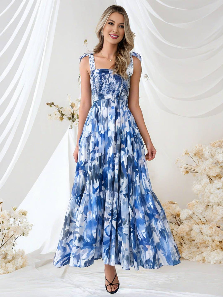 Levoire | Robe Bohémienne Longue Imprimé Floral Fluide Volant Avec Bretelles Fines Décontractée Douce Décontractée Robe De Plage Pour Femmes Bleu