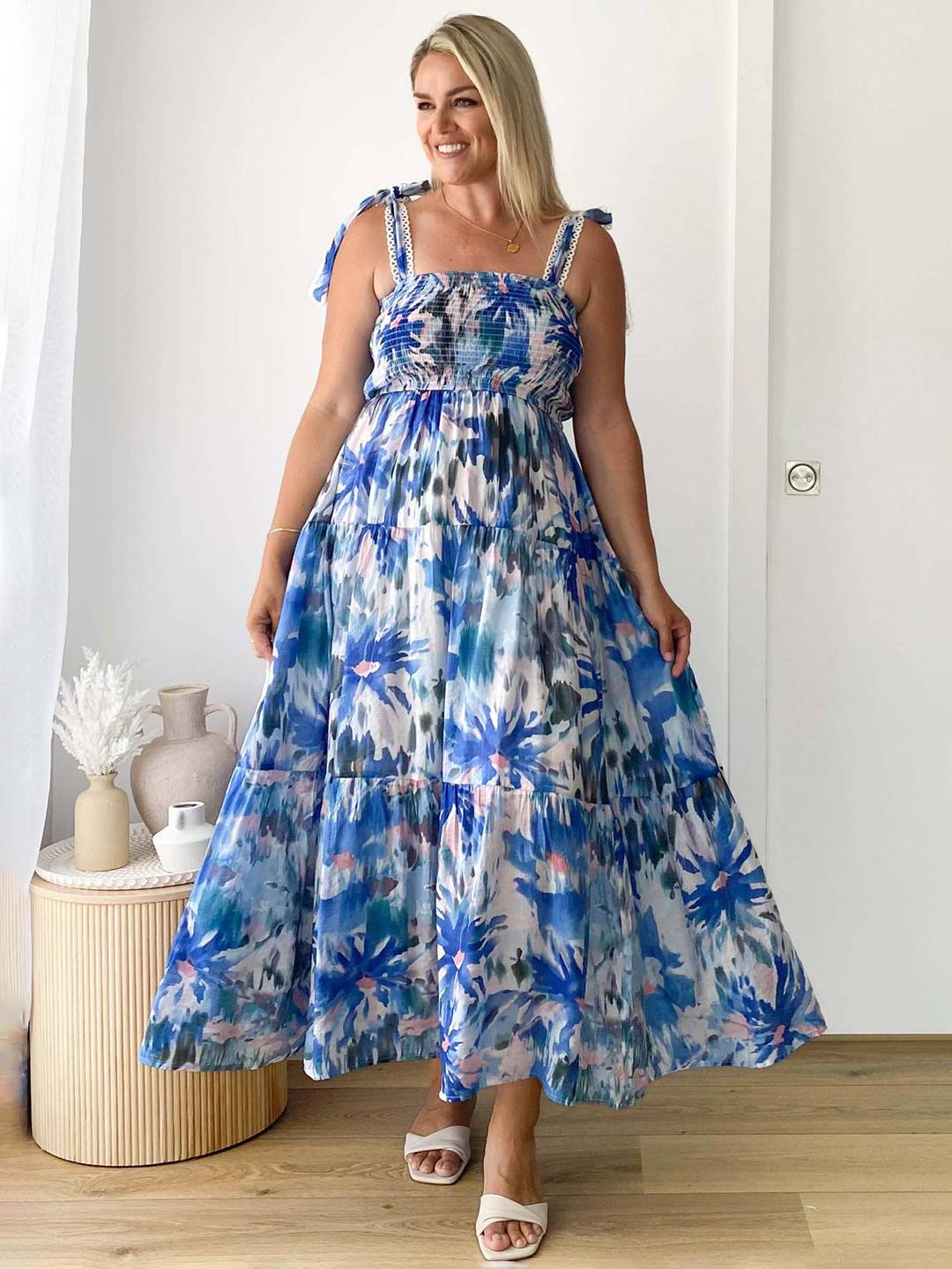 Levoire | Robe Bohémienne Longue Imprimé Floral Fluide Volant Avec Bretelles Fines Décontractée Douce Décontractée Robe De Plage Pour Femmes