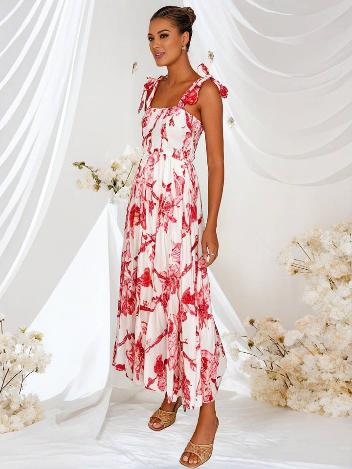 Levoire | Robe Bohémienne Longue Imprimé Floral Fluide Volant Avec Bretelles Fines Décontractée Douce Décontractée Robe De Plage Pour Femmes