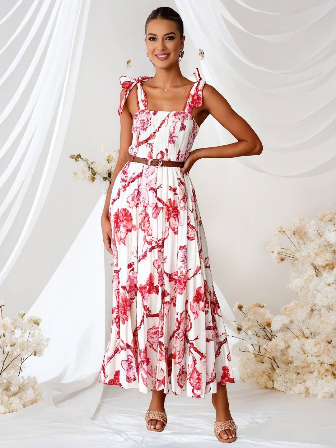 Levoire | Robe Bohémienne Longue Imprimé Floral Fluide Volant Avec Bretelles Fines Décontractée Douce Décontractée Robe De Plage Pour Femmes