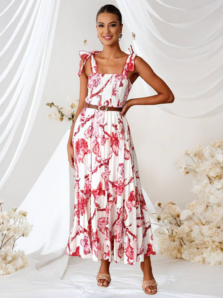 Levoire | Robe Bohémienne Longue Imprimé Floral Fluide Volant Avec Bretelles Fines Décontractée Douce Décontractée Robe De Plage Pour Femmes