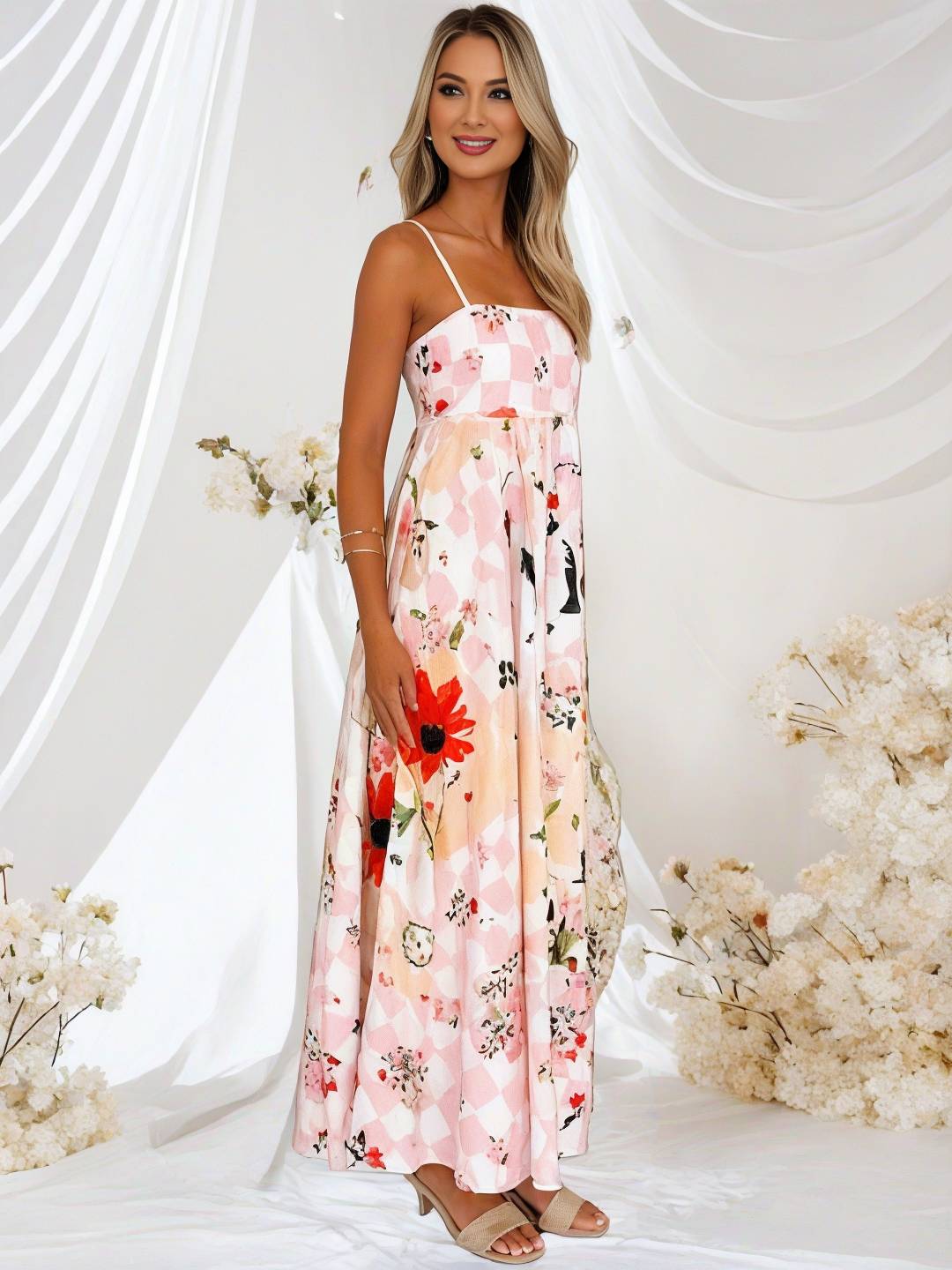 Levoire | Longue Robe De Vacances Imprimé Floral Fluide Avec Dos En Dentelle À Fines Bretelles Décolleté Carré Sans Manches Boho Décontracté Plage
