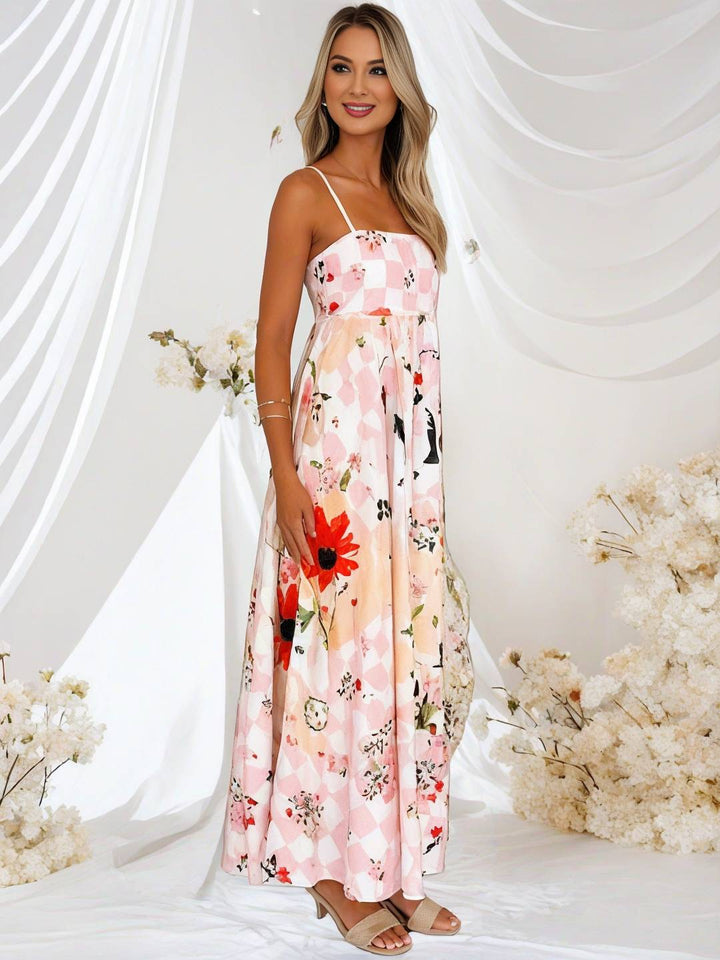 Levoire | Longue Robe De Vacances Imprimé Floral Fluide Avec Dos En Dentelle À Fines Bretelles Décolleté Carré Sans Manches Boho Décontracté Plage