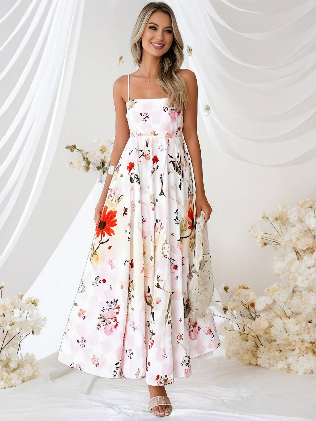 Levoire | Longue Robe De Vacances Imprimé Floral Fluide Avec Dos En Dentelle À Fines Bretelles Décolleté Carré Sans Manches Boho Décontracté Plage