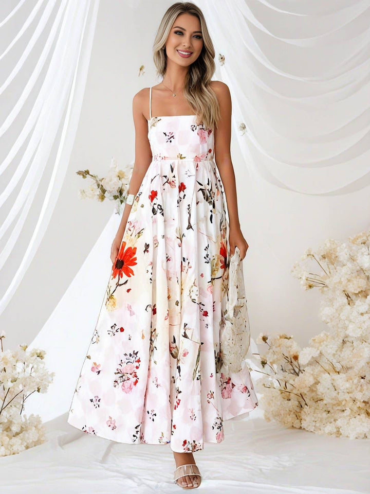 Levoire | Longue Robe De Vacances Imprimé Floral Fluide Avec Dos En Dentelle À Fines Bretelles Décolleté Carré Sans Manches Boho Décontracté Plage