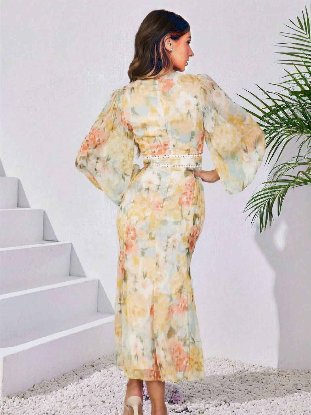 Levoire | Robe Longue En Chiffon Imprimé Avec Ourlet En Forme De Queue De Swallows À Fleurs Et Décolleté En V À Manches Longues Pour Femmes Boho