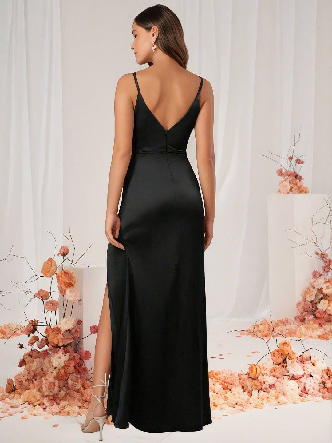 Levoire | Robe De Demoiselle D'Honneur Satin Décolleté En V Dos Fendu Sans Manches Robe De Soirée De Mariage