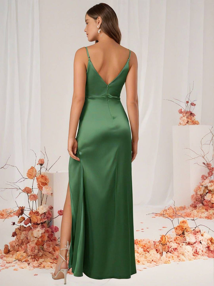 Levoire | Robe De Demoiselle D'Honneur Satin Décolleté En V Dos Fendu Sans Manches Robe De Soirée De Mariage