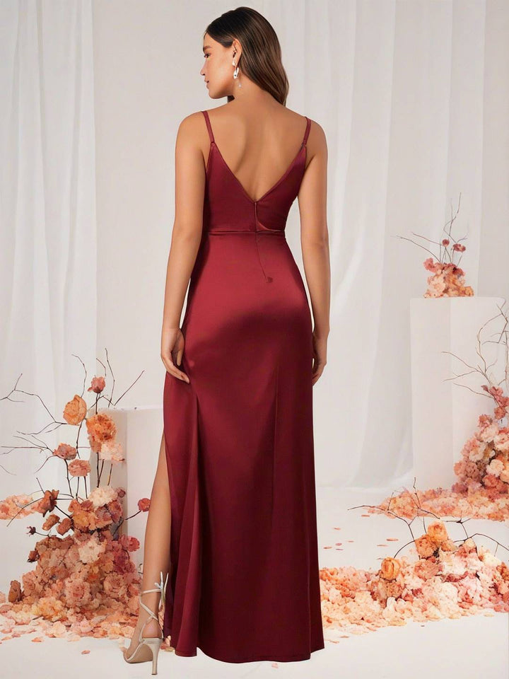 Levoire | Robe De Demoiselle D'Honneur Satin Décolleté En V Dos Fendu Sans Manches Robe De Soirée De Mariage