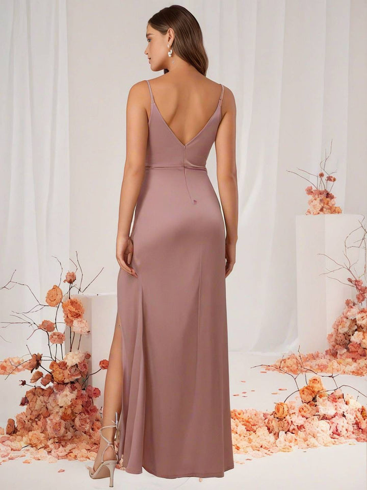 Levoire | Robe De Demoiselle D'Honneur Satin Décolleté En V Dos Fendu Sans Manches Robe De Soirée De Mariage