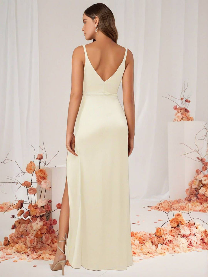 Levoire | Robe De Demoiselle D'Honneur Satin Décolleté En V Dos Fendu Sans Manches Robe De Soirée De Mariage