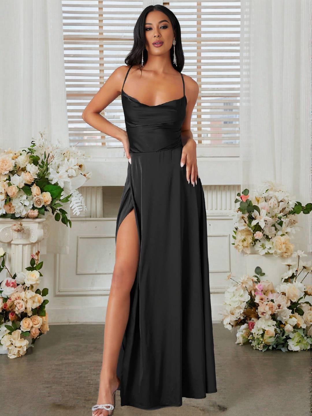 Levoire | Robe En Satin Longue Avec Fente Sur Le Côté, Dos Nu, À Fines Bretelles, Sans Manches, Mode De Soirée Élégante Pour Cérémonie De Mariage Noir