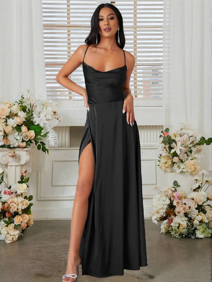 Levoire | Robe En Satin Longue Avec Fente Sur Le Côté, Dos Nu, À Fines Bretelles, Sans Manches, Mode De Soirée Élégante Pour Cérémonie De Mariage Noir