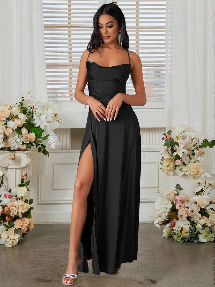 Levoire | Robe En Satin Longue Avec Fente Sur Le Côté, Dos Nu, À Fines Bretelles, Sans Manches, Mode De Soirée Élégante Pour Cérémonie De Mariage