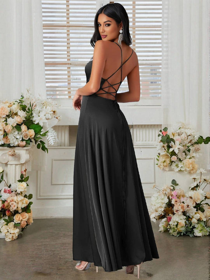 Levoire | Robe En Satin Longue Avec Fente Sur Le Côté, Dos Nu, À Fines Bretelles, Sans Manches, Mode De Soirée Élégante Pour Cérémonie De Mariage