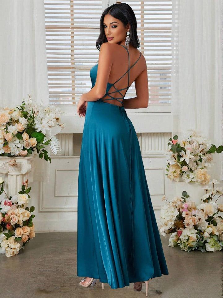 Levoire | Robe En Satin Longue Avec Fente Sur Le Côté, Dos Nu, À Fines Bretelles, Sans Manches, Mode De Soirée Élégante Pour Cérémonie De Mariage