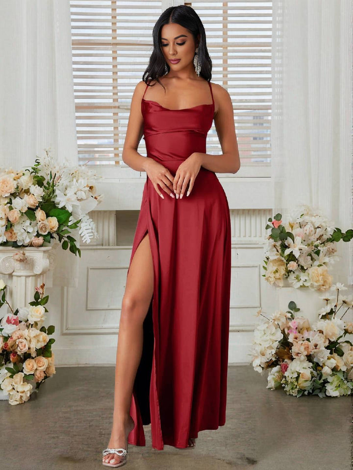 Levoire | Robe En Satin Longue Avec Fente Sur Le Côté, Dos Nu, À Fines Bretelles, Sans Manches, Mode De Soirée Élégante Pour Cérémonie De Mariage