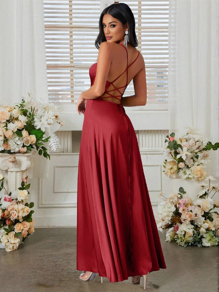 Levoire | Robe En Satin Longue Avec Fente Sur Le Côté, Dos Nu, À Fines Bretelles, Sans Manches, Mode De Soirée Élégante Pour Cérémonie De Mariage