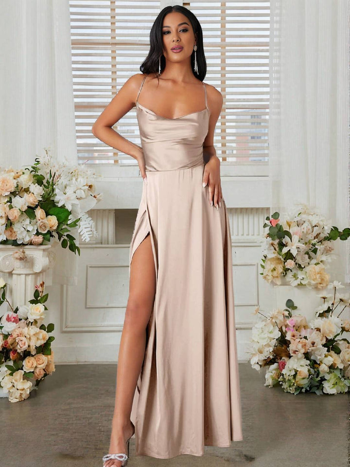 Levoire | Robe En Satin Longue Avec Fente Sur Le Côté, Dos Nu, À Fines Bretelles, Sans Manches, Mode De Soirée Élégante Pour Cérémonie De Mariage Khaki