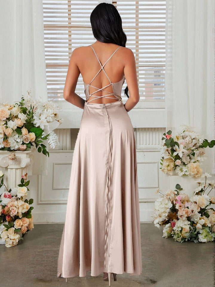 Levoire | Robe En Satin Longue Avec Fente Sur Le Côté, Dos Nu, À Fines Bretelles, Sans Manches, Mode De Soirée Élégante Pour Cérémonie De Mariage