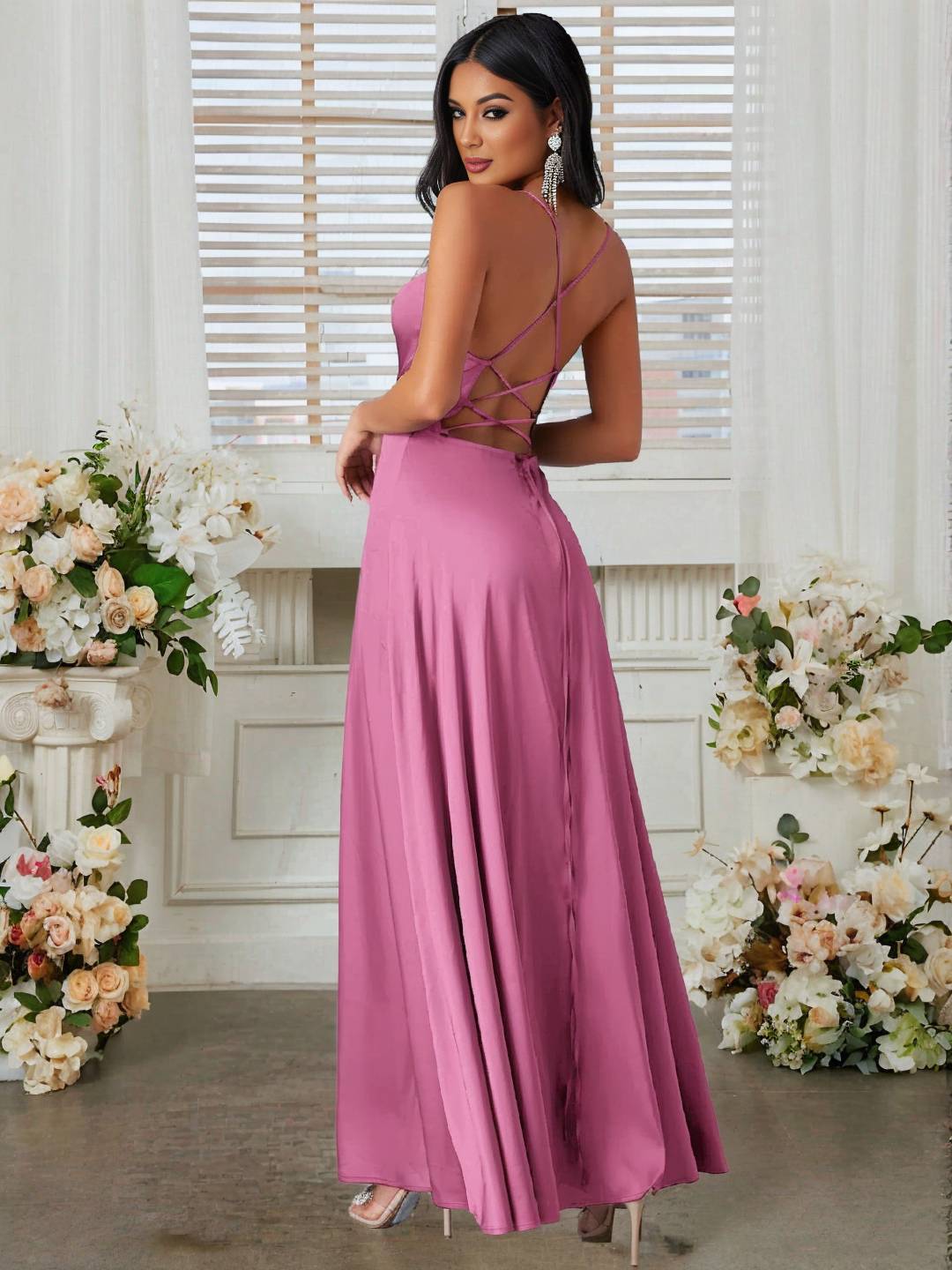 Levoire | Robe En Satin Longue Avec Fente Sur Le Côté, Dos Nu, À Fines Bretelles, Sans Manches, Mode De Soirée Élégante Pour Cérémonie De Mariage