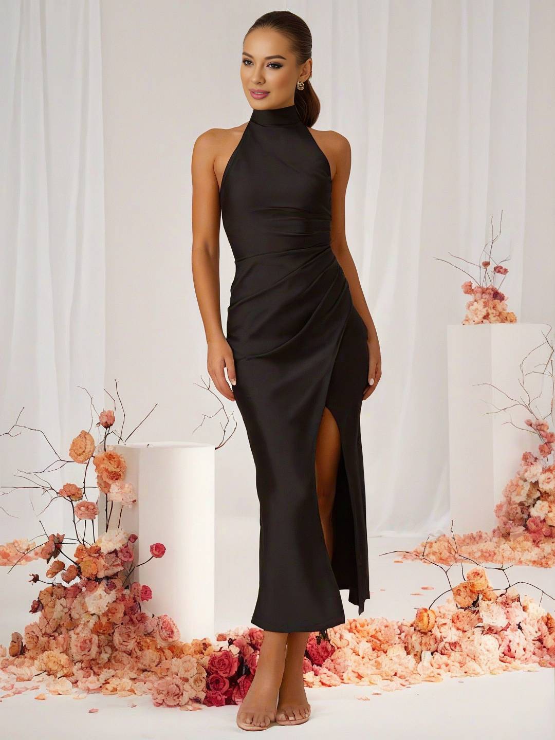 Levoire | Robe De Demoiselle D'Honneur Satin Halter Dos Ouvert Sans Manches Élégante Mariage Cocktail Cérémonie Invité