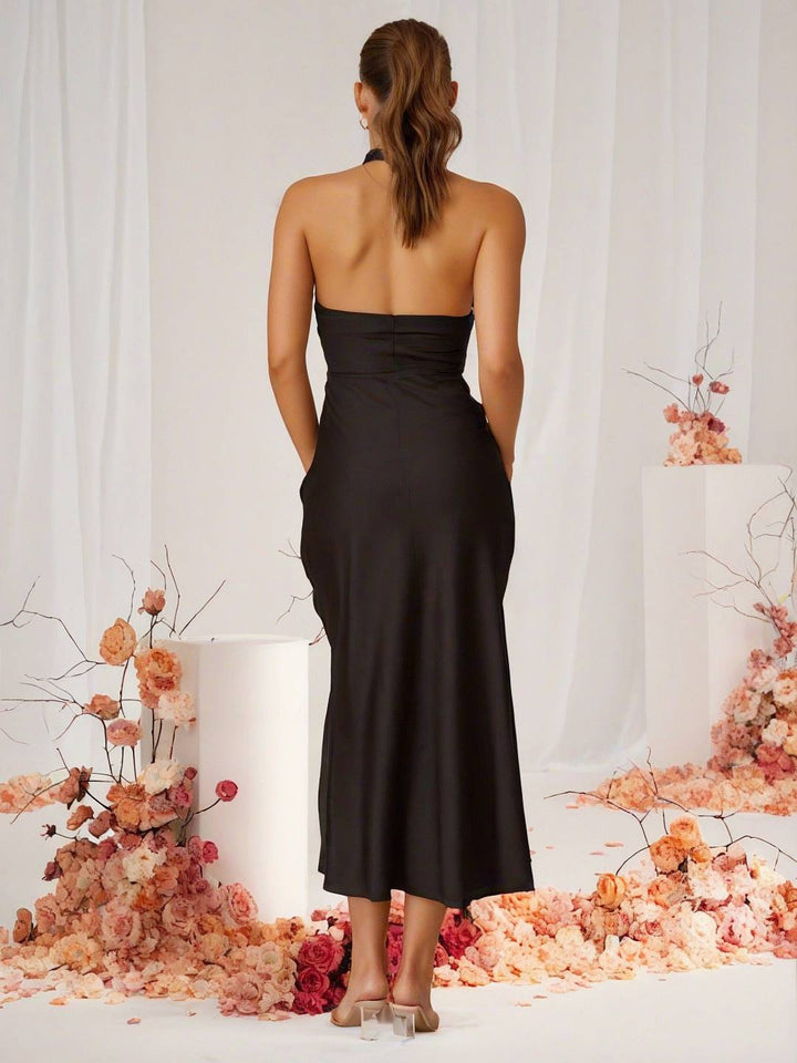 Levoire | Robe De Demoiselle D'Honneur Satin Halter Dos Ouvert Sans Manches Élégante Mariage Cocktail Cérémonie Invité