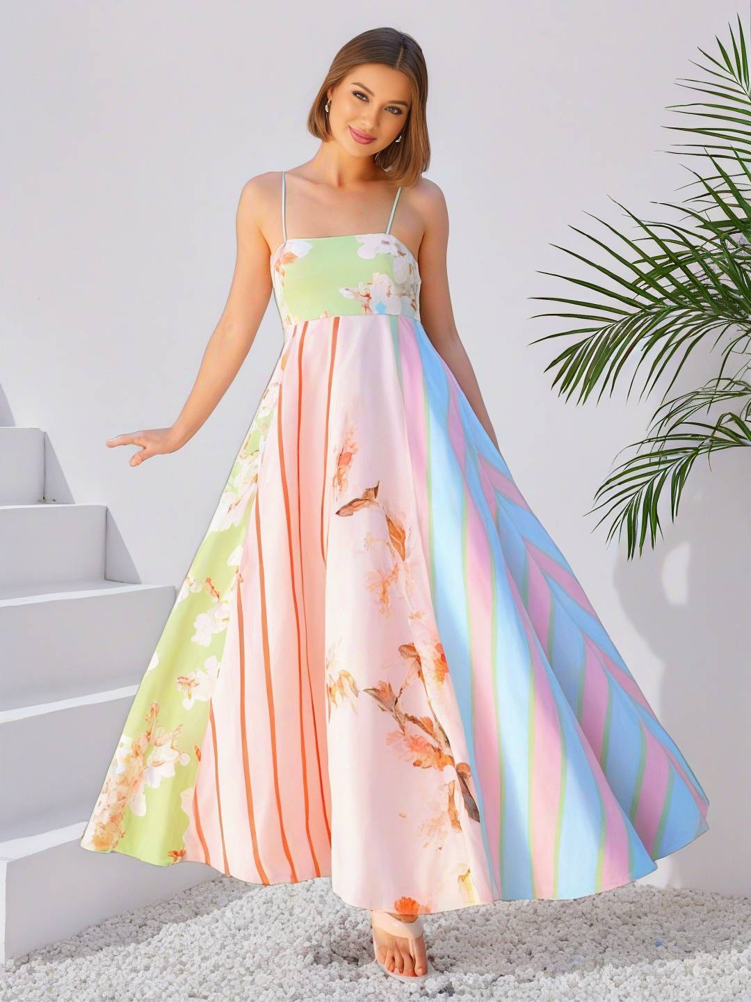 Levoire | Robe De Vacances Longue Rayée À Fleurs Avec Fines Bretelles Sans Manches Pour Dames Élégante Douce Décontractée Multicolore