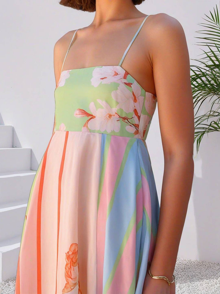 Levoire | Robe De Vacances Longue Rayée À Fleurs Avec Fines Bretelles Sans Manches Pour Dames Élégante Douce Décontractée
