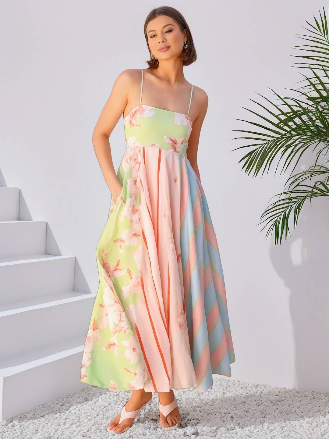 Levoire | Robe De Vacances Longue Rayée À Fleurs Avec Fines Bretelles Sans Manches Pour Dames Élégante Douce Décontractée