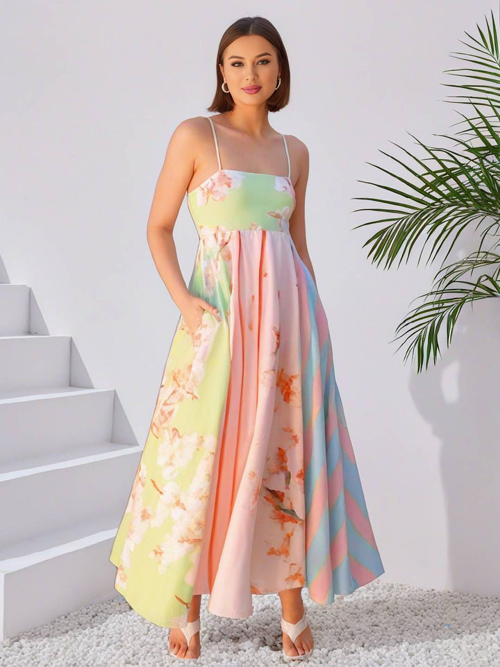 Levoire | Robe De Vacances Longue Rayée À Fleurs Avec Fines Bretelles Sans Manches Pour Dames Élégante Douce Décontractée