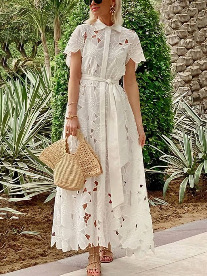 Levoire | Robe Longue En Dentelle À Boutons Ceinturé Col De Chemise À Manches Courtes Pour Femmes Élégant Style Set Détente Blanc
